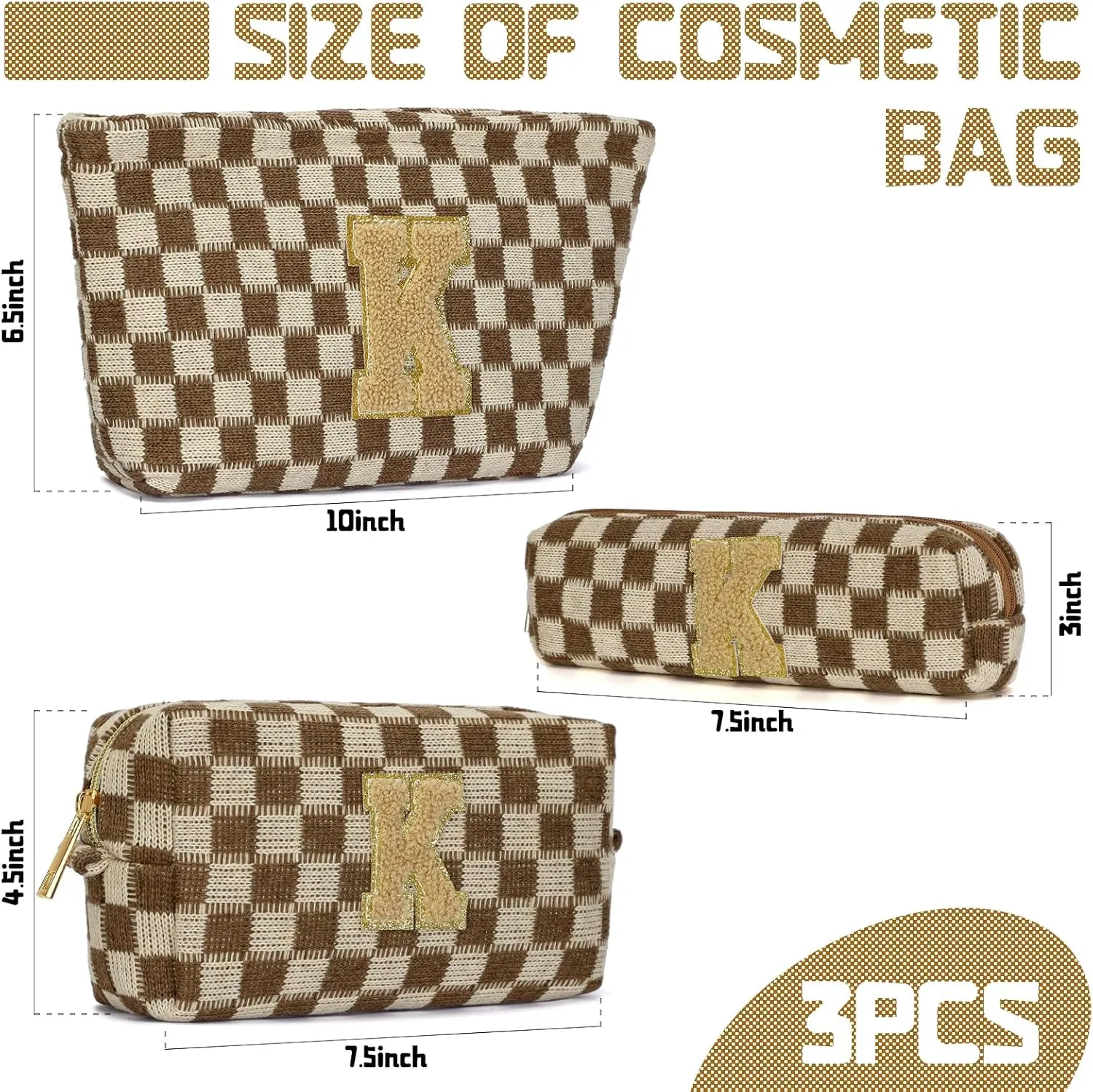 Graduation Gifts for Her,3 Pieces Checkered Makeup Bag Personalized Initial Make Up Bag Cute Storage Pouch Travel Toiletry Cosmetic Bag Teacher Birthday Gifts for Women (Brown-K)