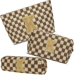 Graduation Gifts for Her,3 Pieces Checkered Makeup Bag Personalized Initial Make Up Bag Cute Storage Pouch Travel Toiletry Cosmetic Bag Teacher Birthday Gifts for Women (Brown-K)