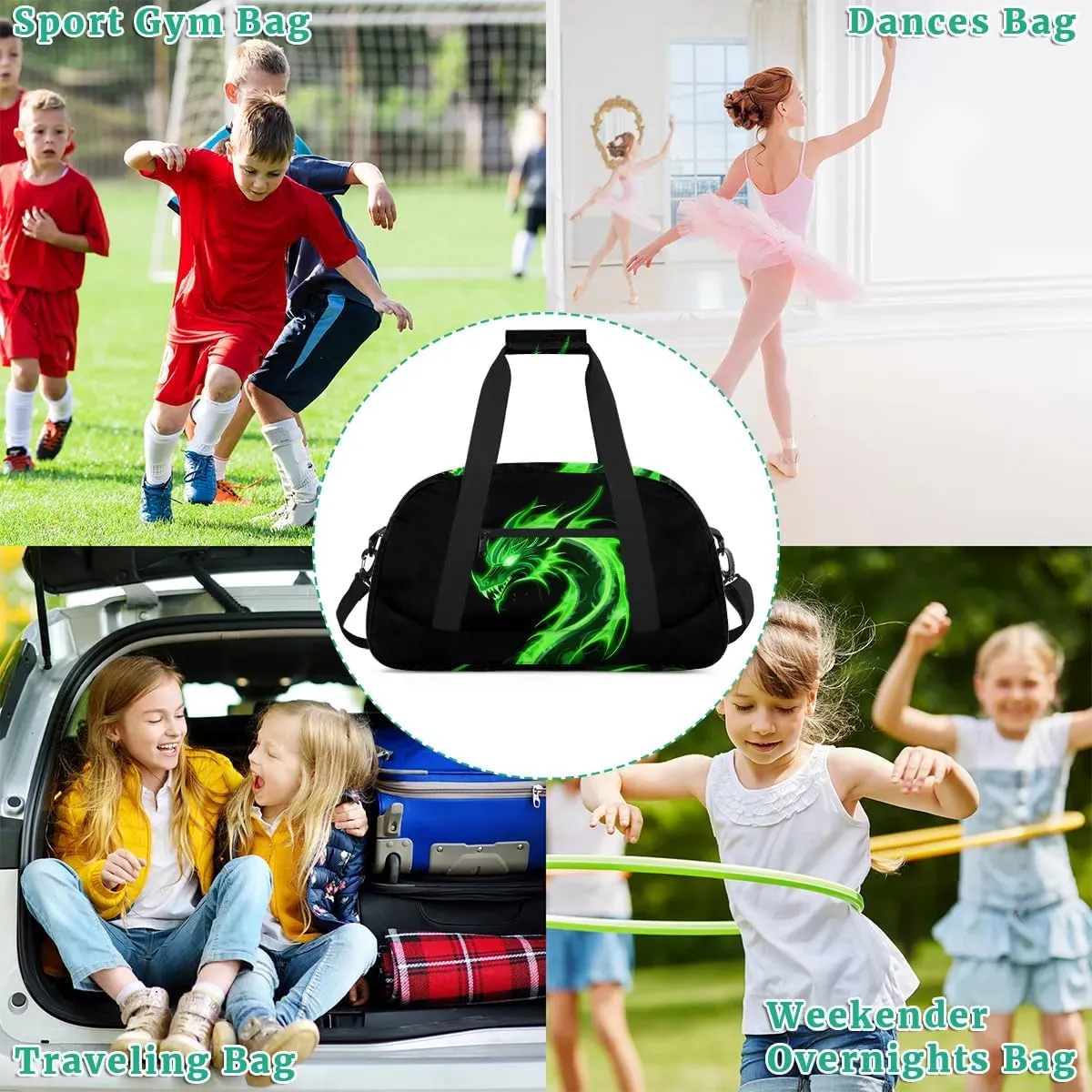 Green Dragon Kids Duffel Bag for Boys, Abstract Animal Sports Gym Bags Overnight Travel Weekender Lightweight Carry On Sleepovers Duffels for School Practice Gymnastics