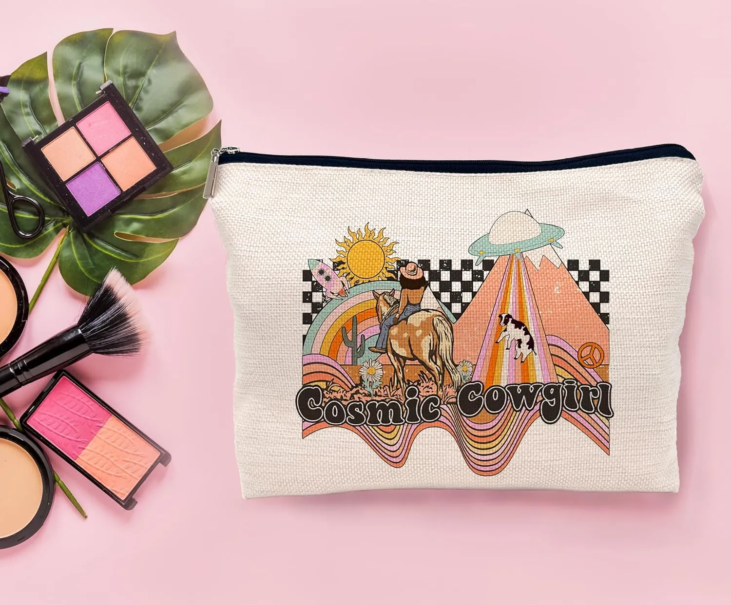 Groovy Retro Hippie Western Cosmic Space Desert Cowgirl Makeup Bag Cosmetic Bag Zipper Pouch Toiletry Bags,Gifts for Cowboy Cowgirl Women Teenage Girls