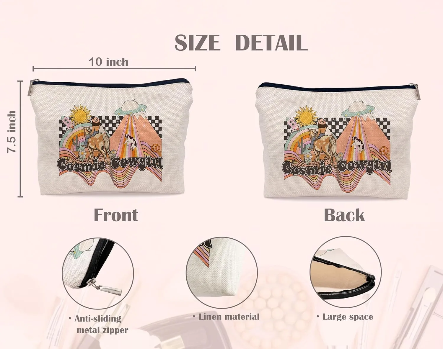 Groovy Retro Hippie Western Cosmic Space Desert Cowgirl Makeup Bag Cosmetic Bag Zipper Pouch Toiletry Bags,Gifts for Cowboy Cowgirl Women Teenage Girls