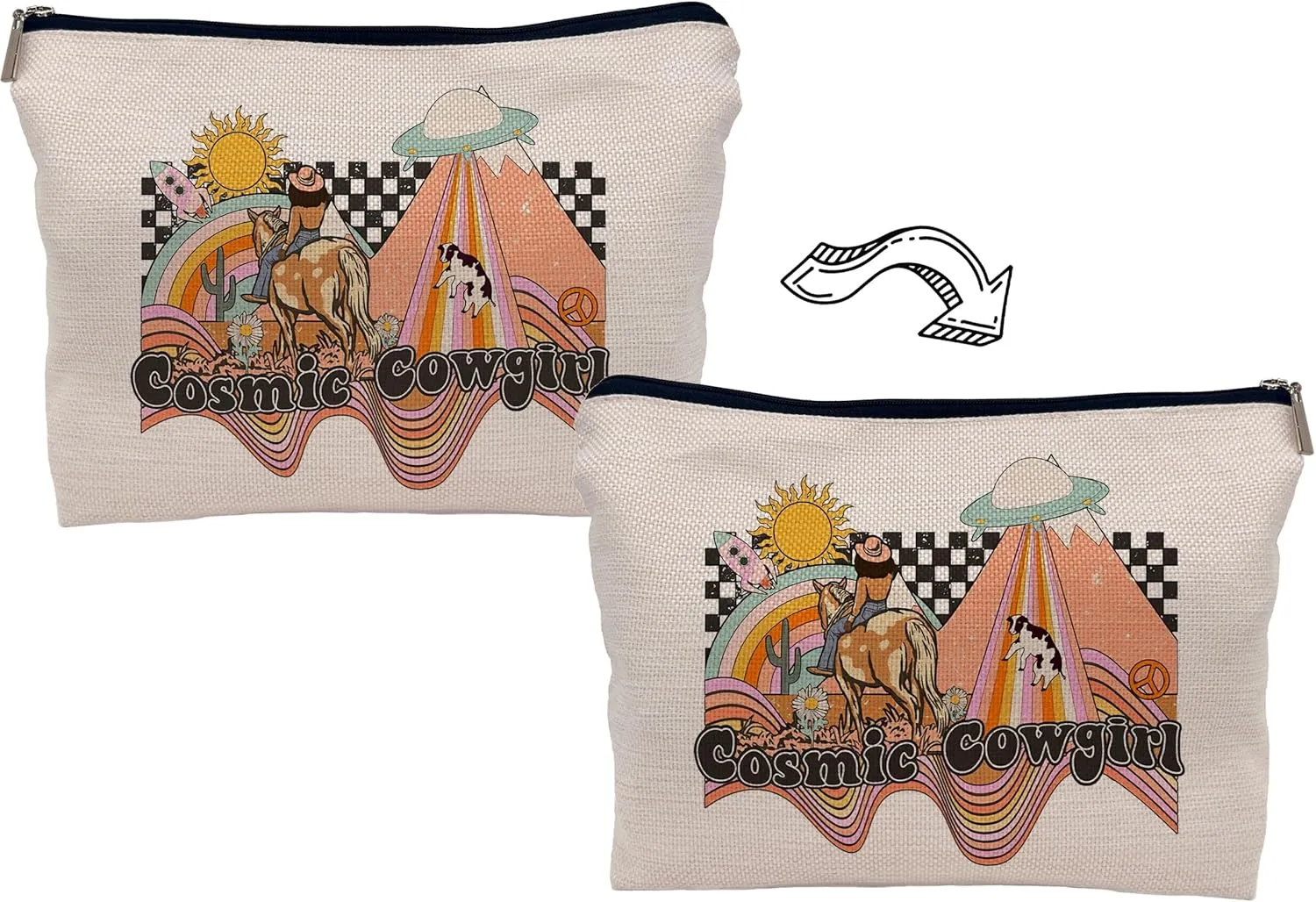 Groovy Retro Hippie Western Cosmic Space Desert Cowgirl Makeup Bag Cosmetic Bag Zipper Pouch Toiletry Bags,Gifts for Cowboy Cowgirl Women Teenage Girls