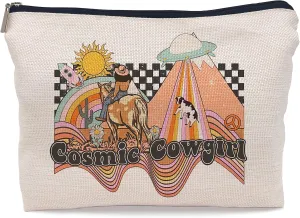 Groovy Retro Hippie Western Cosmic Space Desert Cowgirl Makeup Bag Cosmetic Bag Zipper Pouch Toiletry Bags,Gifts for Cowboy Cowgirl Women Teenage Girls