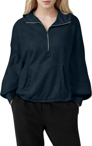 Half Zip Pullover Women Casual Long Sleeve Lapel Hooded Sweatshirt Cute Hoodies with Adjustable Drawstring Bottom