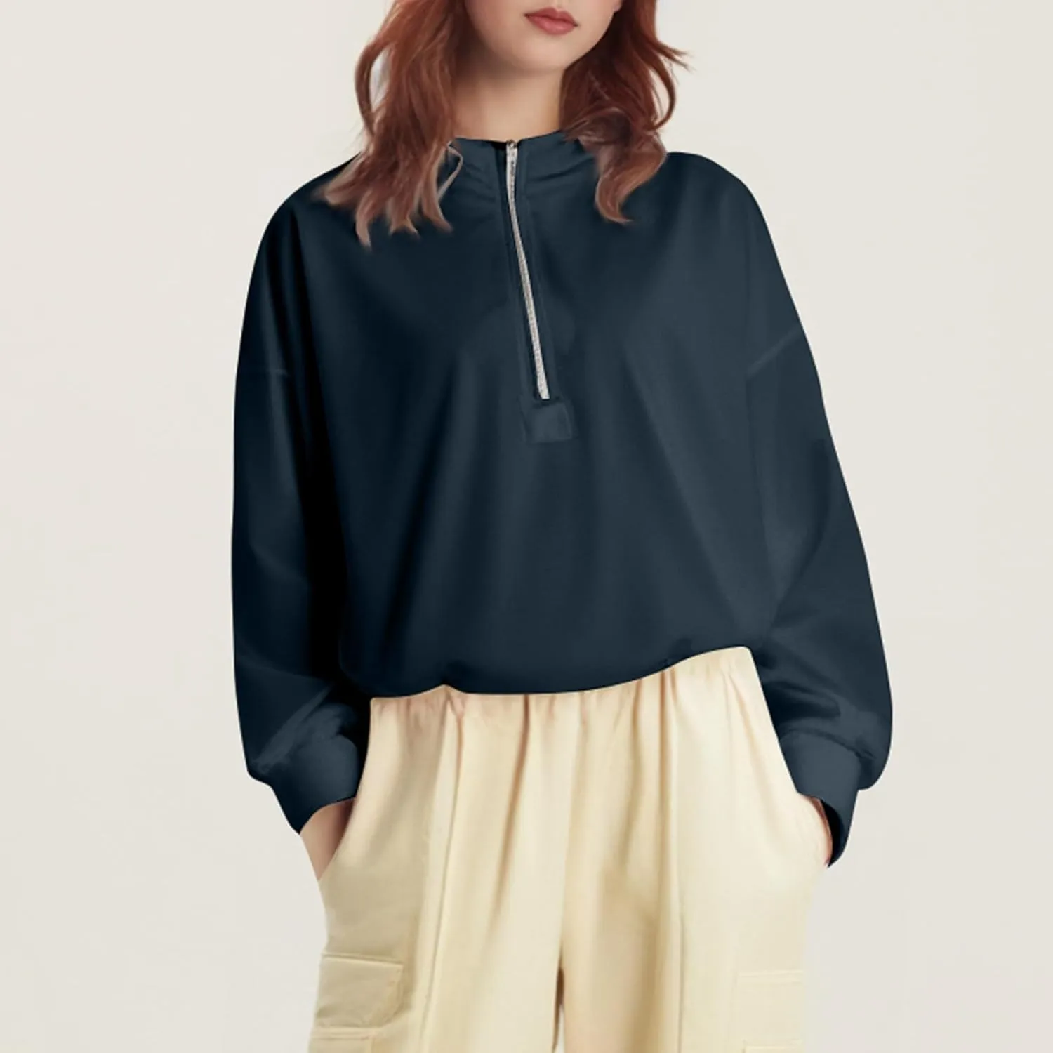 Half Zip Pullover Women Casual Long Sleeve Lapel Hooded Sweatshirt Cute Hoodies with Adjustable Drawstring Bottom