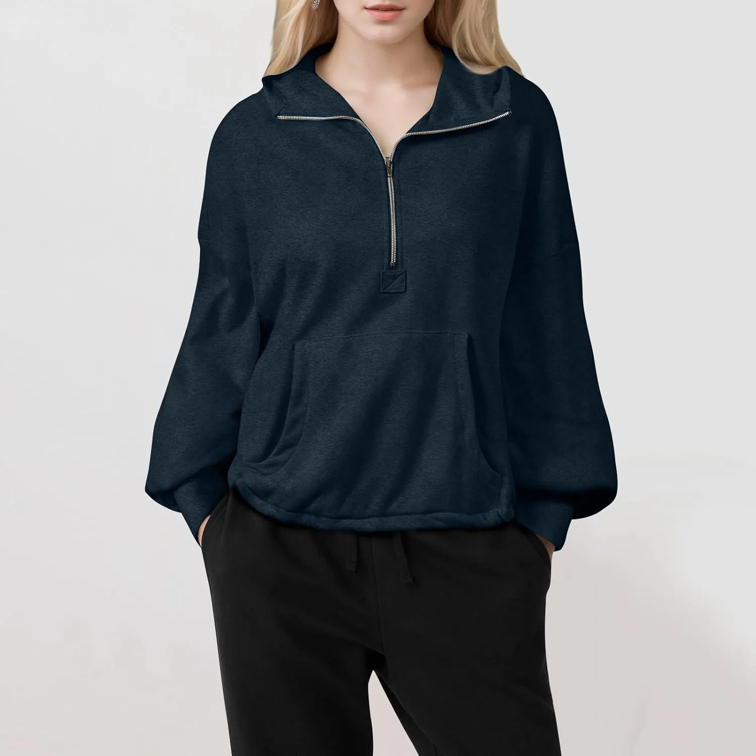 Half Zip Pullover Women Casual Long Sleeve Lapel Hooded Sweatshirt Cute Hoodies with Adjustable Drawstring Bottom