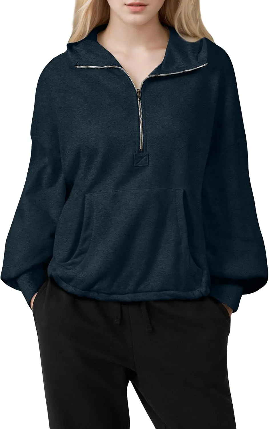 Half Zip Pullover Women Casual Long Sleeve Lapel Hooded Sweatshirt Cute Hoodies with Adjustable Drawstring Bottom