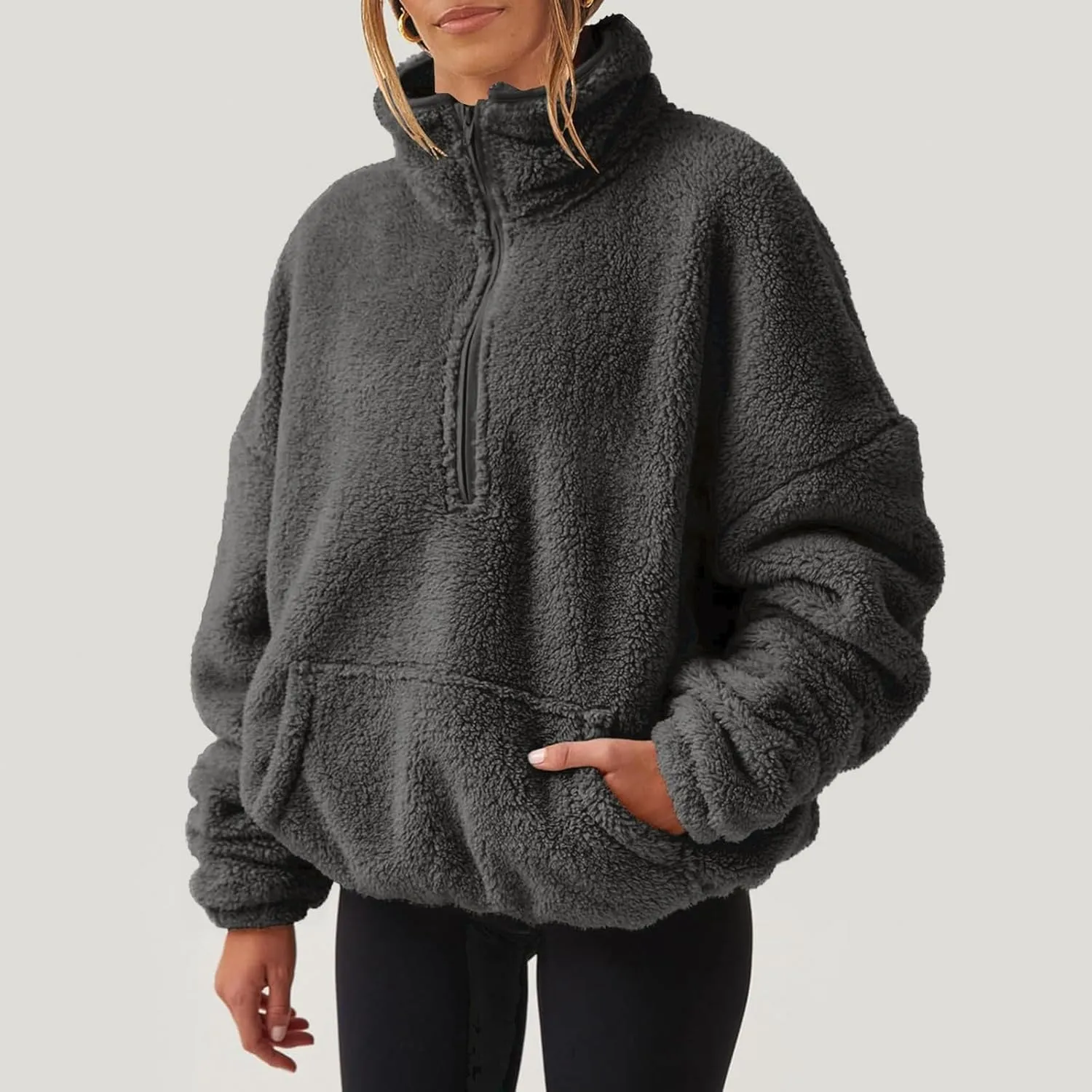Half Zip Sweatshirt Women Fuzzy Pullover Fleece Sweatshirts Loose Fit Zipper Faux Fur Warm Clothes Winter Tops