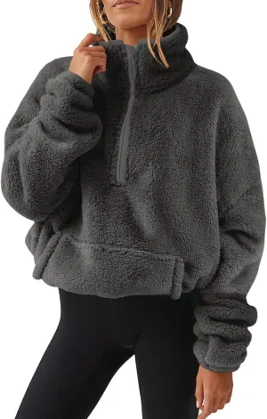 Half Zip Sweatshirt Women Fuzzy Pullover Fleece Sweatshirts Loose Fit Zipper Faux Fur Warm Clothes Winter Tops