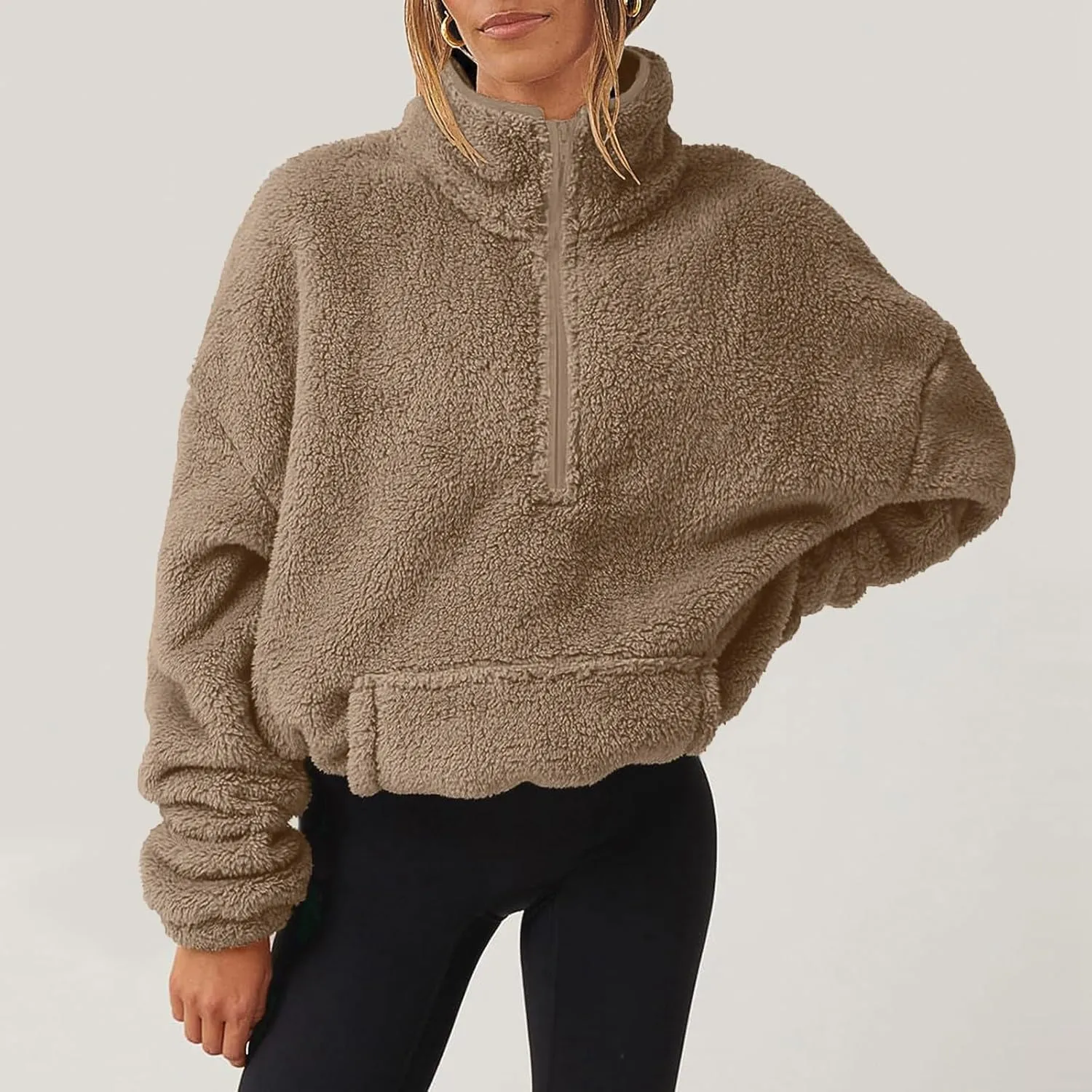 Half Zip Sweatshirt Women Fuzzy Pullover Fleece Sweatshirts Loose Fit Zipper Faux Fur Warm Clothes Winter Tops