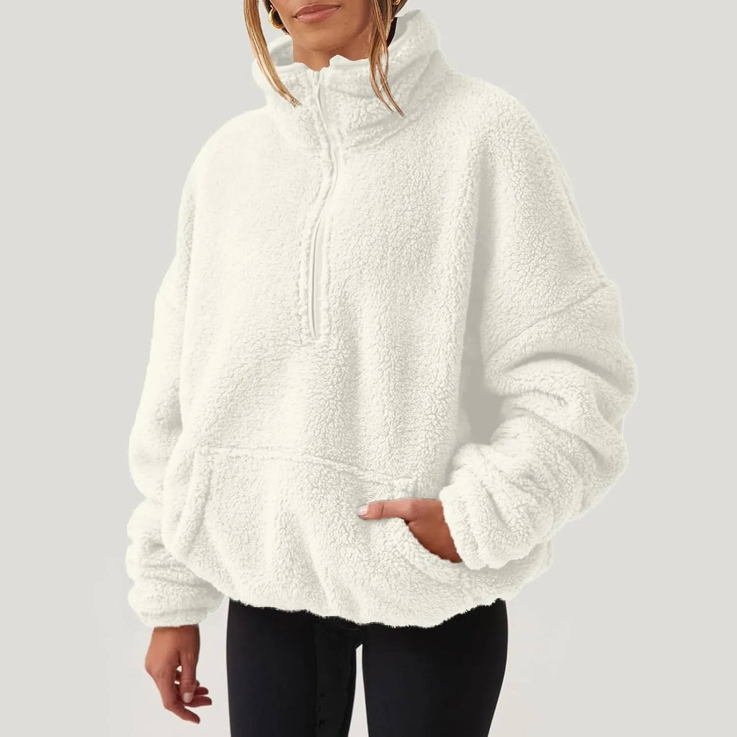 Half Zip Sweatshirt Women Fuzzy Pullover Fleece Sweatshirts Loose Fit Zipper Faux Fur Warm Clothes Winter Tops