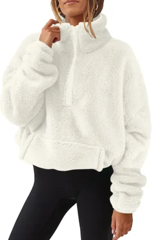 Half Zip Sweatshirt Women Fuzzy Pullover Fleece Sweatshirts Loose Fit Zipper Faux Fur Warm Clothes Winter Tops