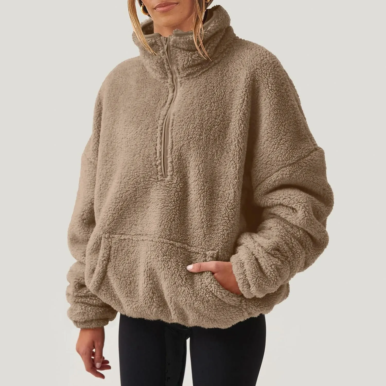 Half Zip Sweatshirt Women Fuzzy Pullover Fleece Sweatshirts Loose Fit Zipper Faux Fur Warm Clothes Winter Tops