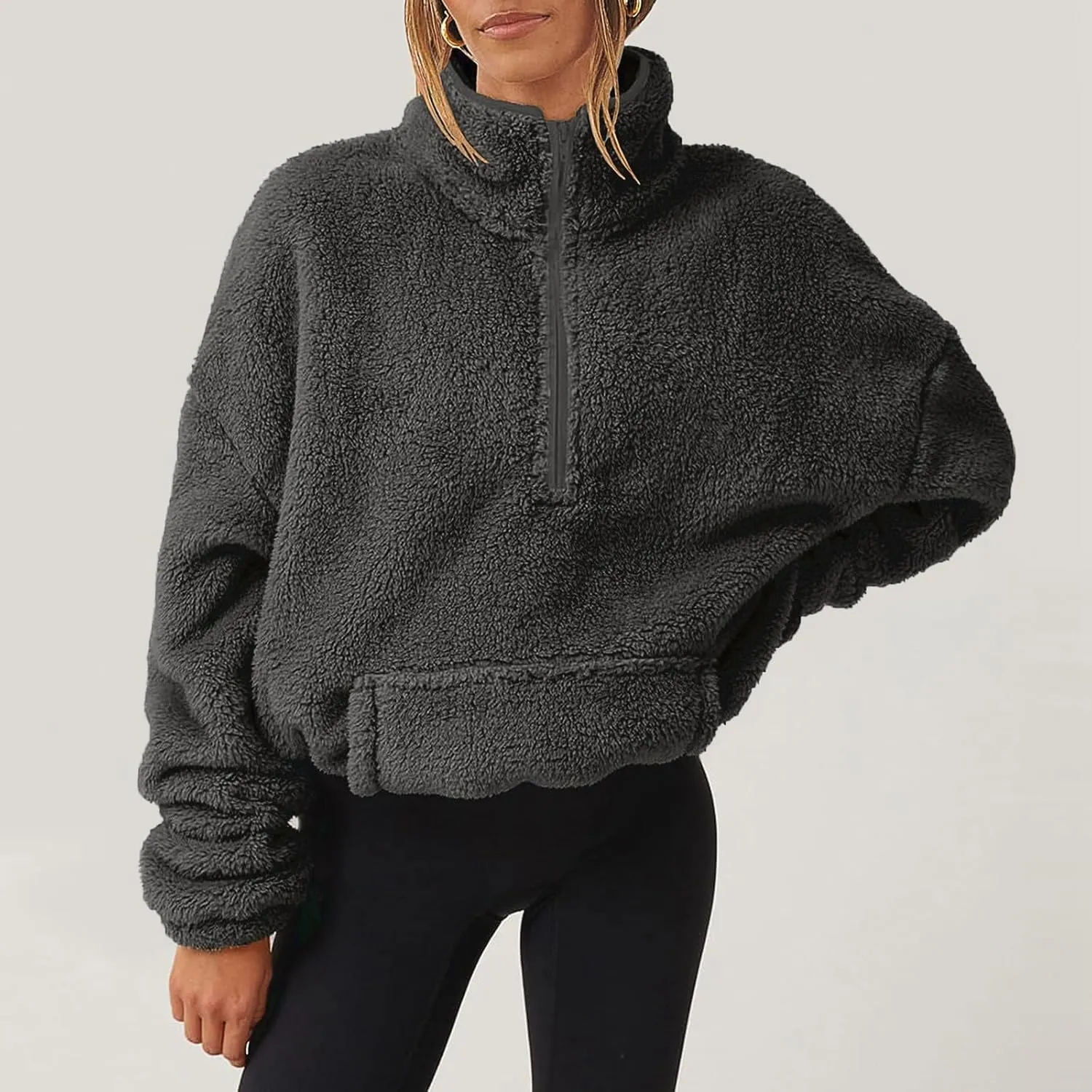 Half Zip Sweatshirt Women Fuzzy Pullover Fleece Sweatshirts Loose Fit Zipper Faux Fur Warm Clothes Winter Tops