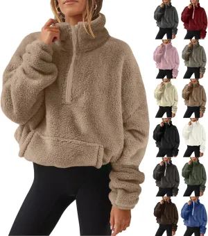 Half Zip Sweatshirt Women Fuzzy Pullover Fleece Sweatshirts Loose Fit Zipper Faux Fur Warm Clothes Winter Tops