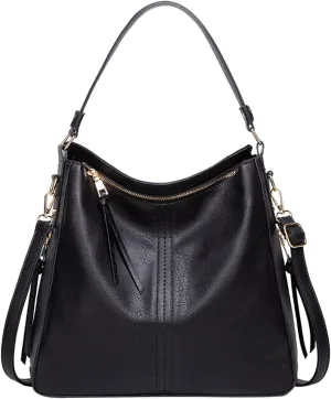Handbags For Women Large Designer Ladies Bag Bucket Purse Faux Leather Large Tote Bag with Zipper Bags (Black, One Size)
