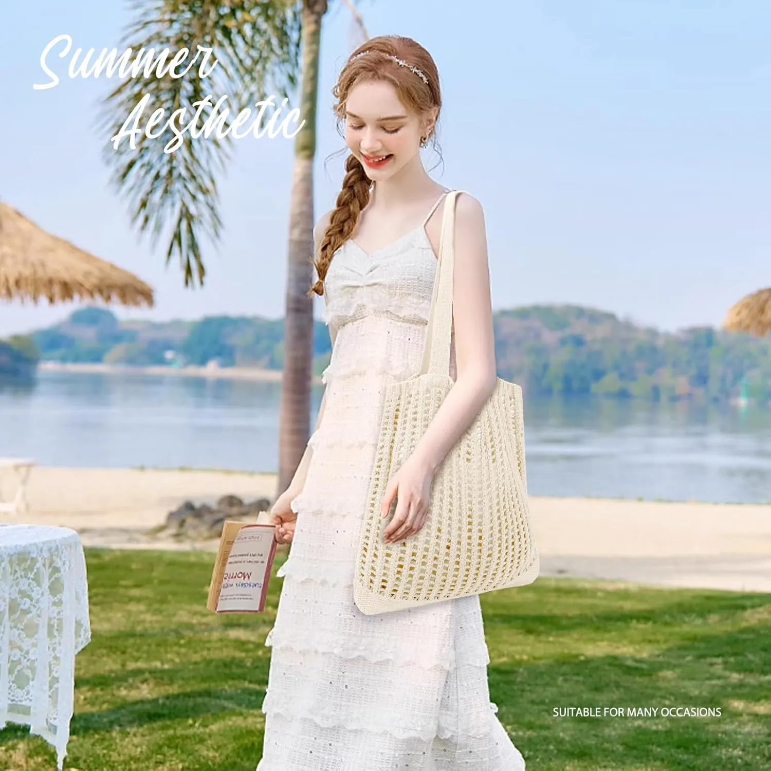 hatisan Crochet Bags for Women - Summer Beach Tote, Aesthetic Hippie Knit Bag
