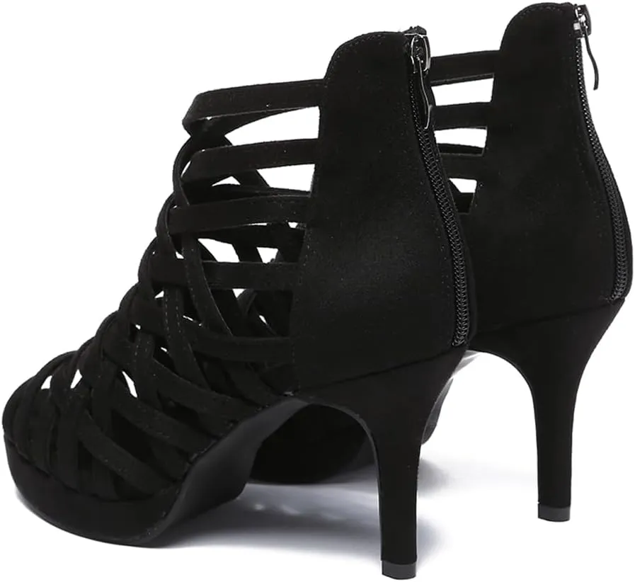 HIPPOSEUS Women's Platform Heel Dance Boots Peep Toe Latin Salsa Ballroom Ankle Dance Shoes,Model D33