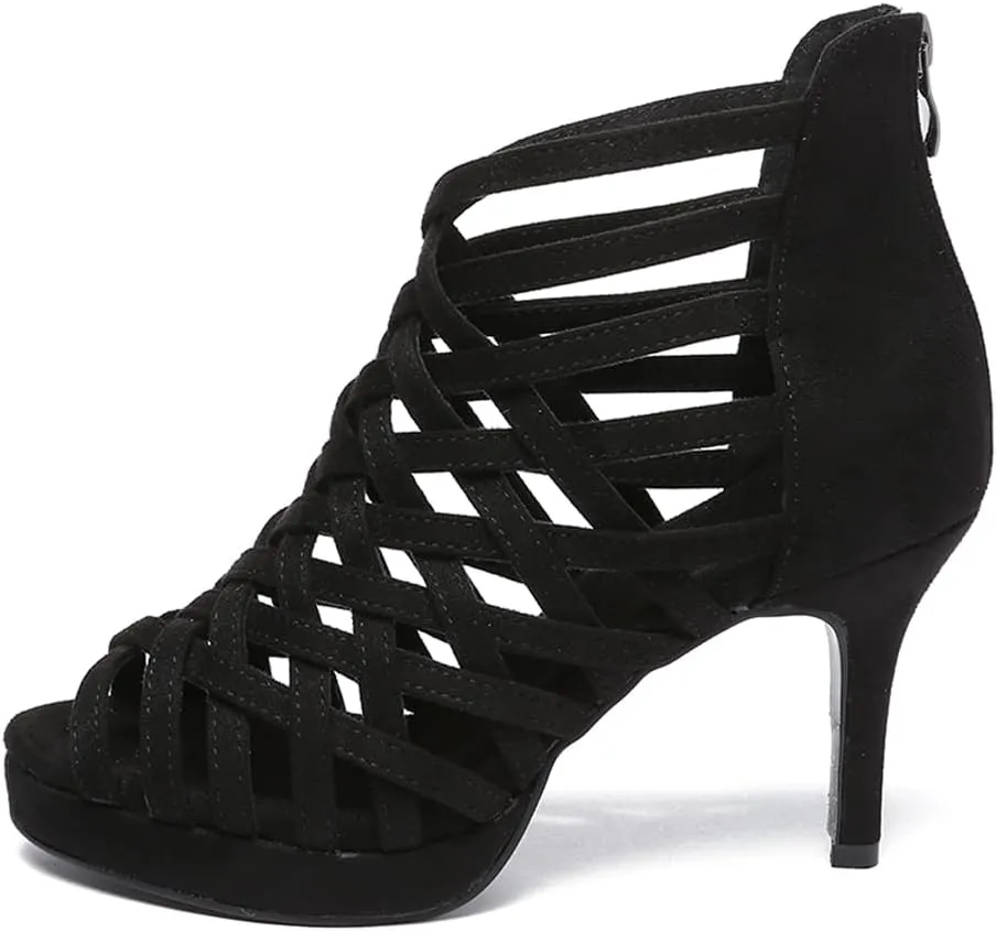 HIPPOSEUS Women's Platform Heel Dance Boots Peep Toe Latin Salsa Ballroom Ankle Dance Shoes,Model D33