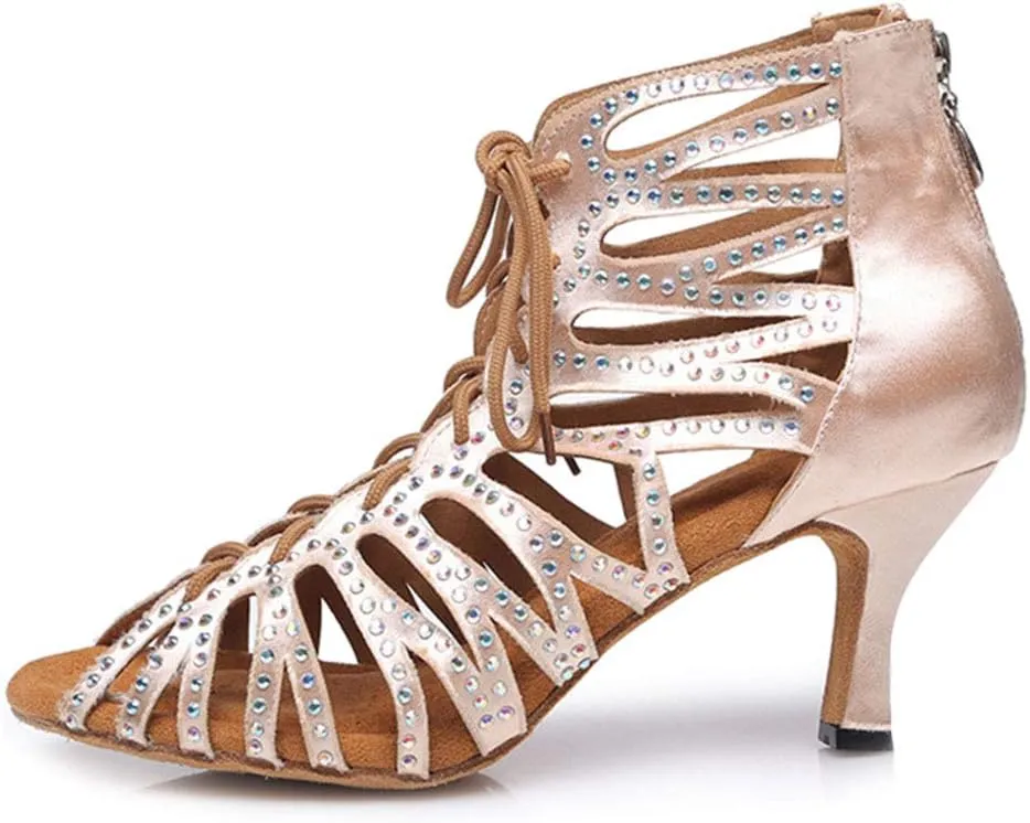 HROYL Rhinestone Dance Shoes Latin Dance Shoes Women Ballroom Tango High Heel Women Dance Shoes,Model YCL415