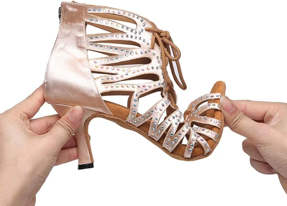 HROYL Rhinestone Dance Shoes Latin Dance Shoes Women Ballroom Tango High Heel Women Dance Shoes,Model YCL415