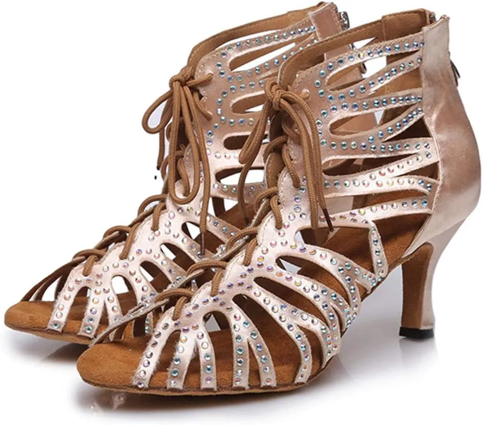 HROYL Rhinestone Dance Shoes Latin Dance Shoes Women Ballroom Tango High Heel Women Dance Shoes,Model YCL415