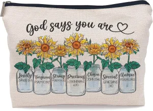 Inspirational Sunflower Gifts God Says You are Encouraging Bible Verses Makeup Bag Cosmetic Bag Zipper Pouch Toiletry Bags,Gifts for Christian Women Girls