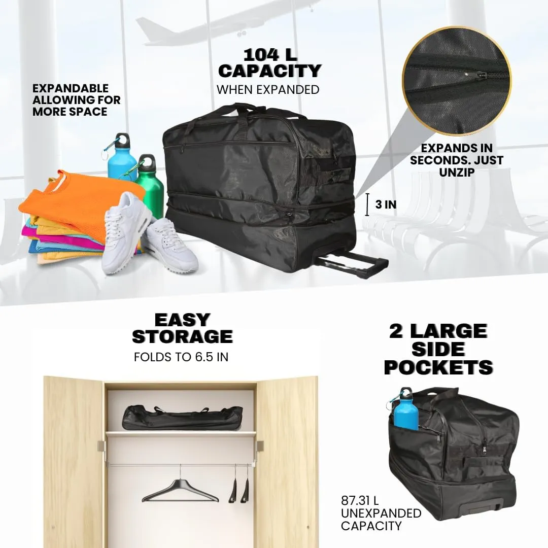 Ironbar Duffle Bag Travel Suitcase Large Foldable Expandable, Sports Gym Tote Bag, Carry On Weekender Men Women Unisex Black (Black)