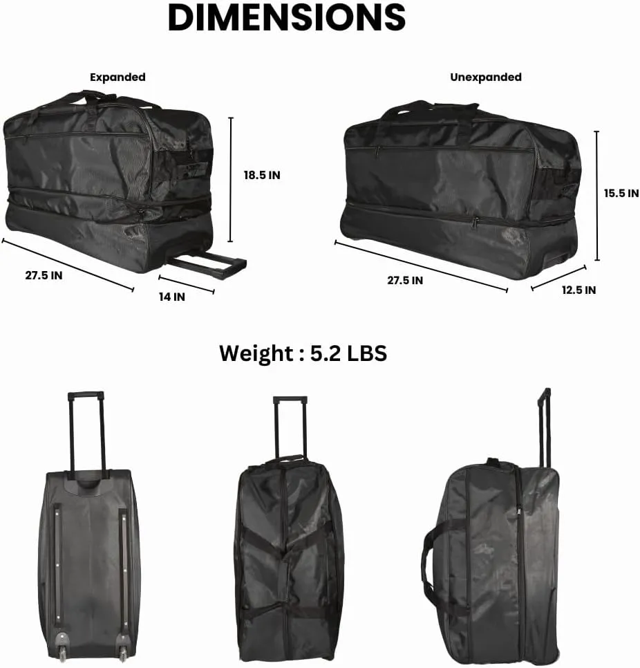 Ironbar Duffle Bag Travel Suitcase Large Foldable Expandable, Sports Gym Tote Bag, Carry On Weekender Men Women Unisex Black (Black)