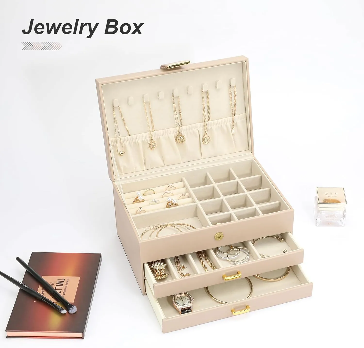 Jewelry Box, 3-Tier with 2 Drawers, Beige, Modern, Women's Jewelry Organizer