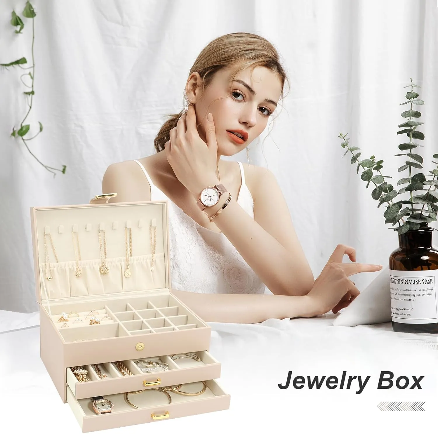 Jewelry Box, 3-Tier with 2 Drawers, Beige, Modern, Women's Jewelry Organizer