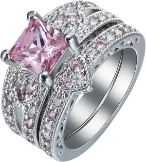 Jewelry Ring Set, Rings Jewelry 2Pcs Copper Cubic Zirconia 2 Ring Set Hollow Heart Square Pink Proposal Jewelry Ring Gifts for Women