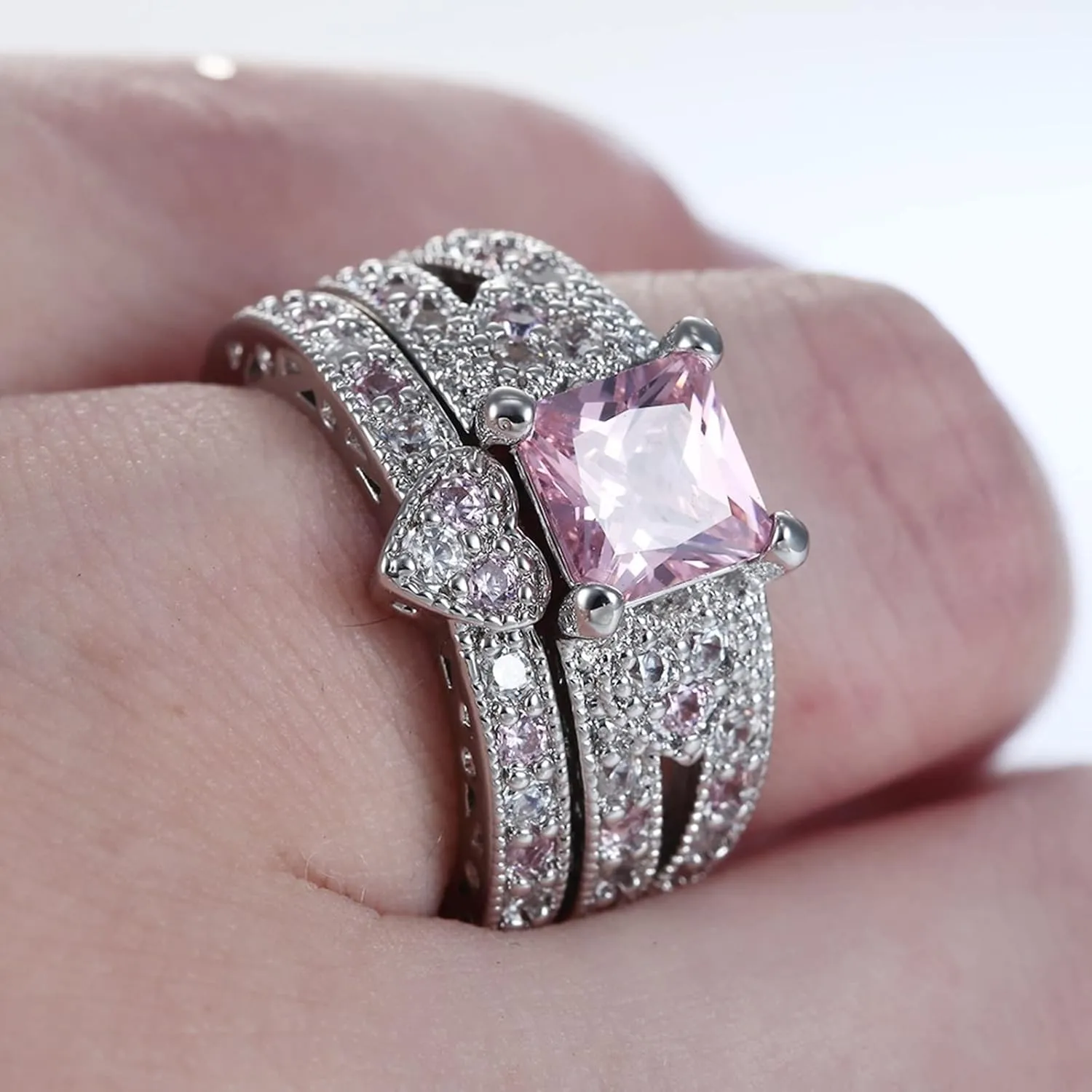 Jewelry Ring Set, Rings Jewelry 2Pcs Copper Cubic Zirconia 2 Ring Set Hollow Heart Square Pink Proposal Jewelry Ring Gifts for Women