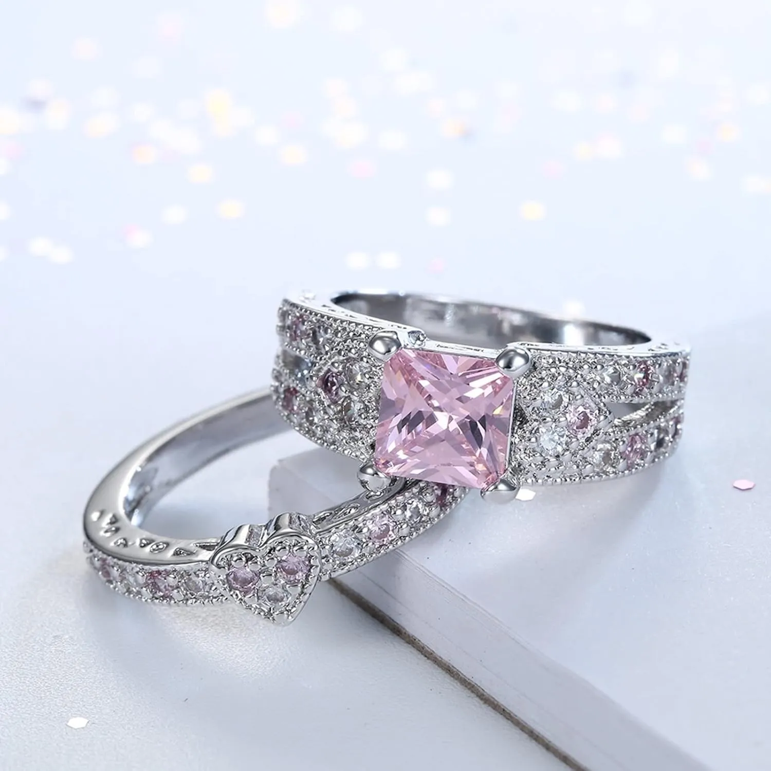 Jewelry Ring Set, Rings Jewelry 2Pcs Copper Cubic Zirconia 2 Ring Set Hollow Heart Square Pink Proposal Jewelry Ring Gifts for Women