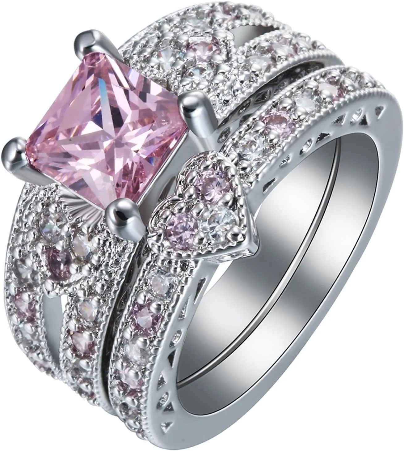 Jewelry Ring Set, Rings Jewelry 2Pcs Copper Cubic Zirconia 2 Ring Set Hollow Heart Square Pink Proposal Jewelry Ring Gifts for Women