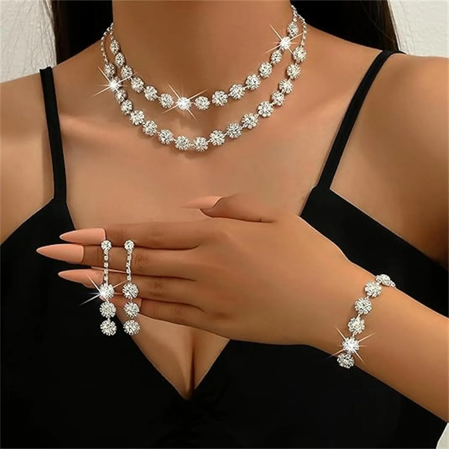 Jewelry Set Wedding Jewelry Sets for Women,Rhinestone Crystal Statement Choker Necklace Earrings Bracelet Set Bridal Wedding Prom Jewelry Set Accessories