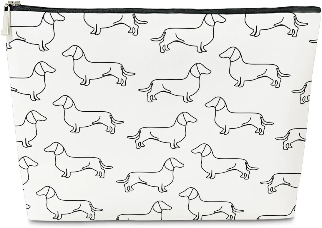 JioJio Chan Dachshund Gifts for Women Makeup Bag, Cute Dachshund Mom Gifts Line Art PU Leather Cosmetic Bag for Purse, Weiner Dog Makeup Pouch