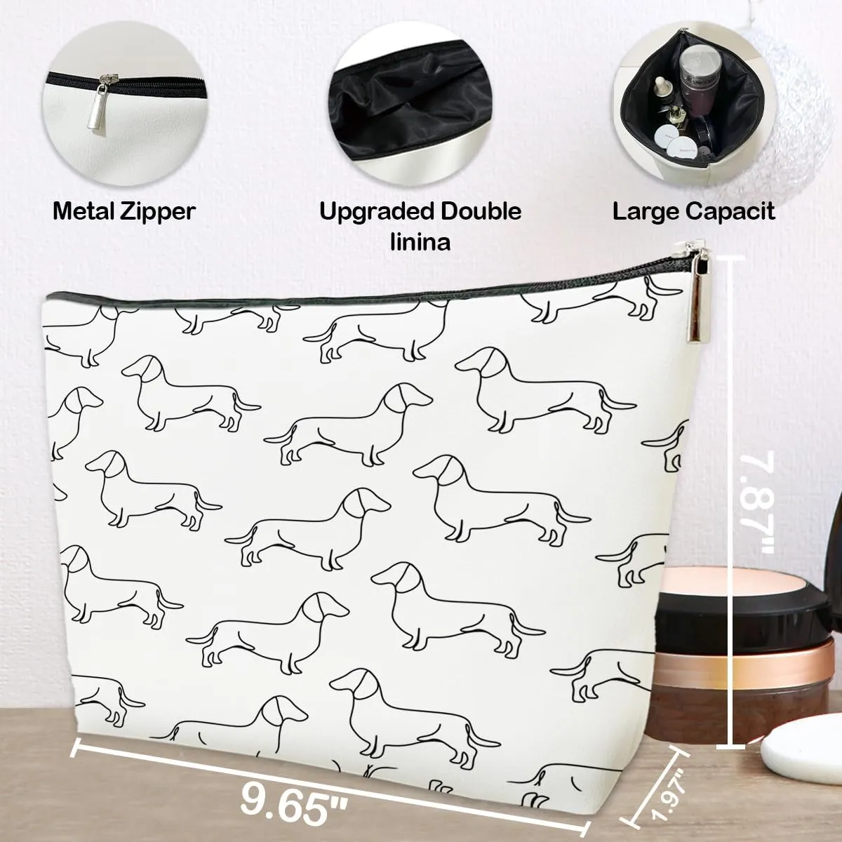 JioJio Chan Dachshund Gifts for Women Makeup Bag, Cute Dachshund Mom Gifts Line Art PU Leather Cosmetic Bag for Purse, Weiner Dog Makeup Pouch