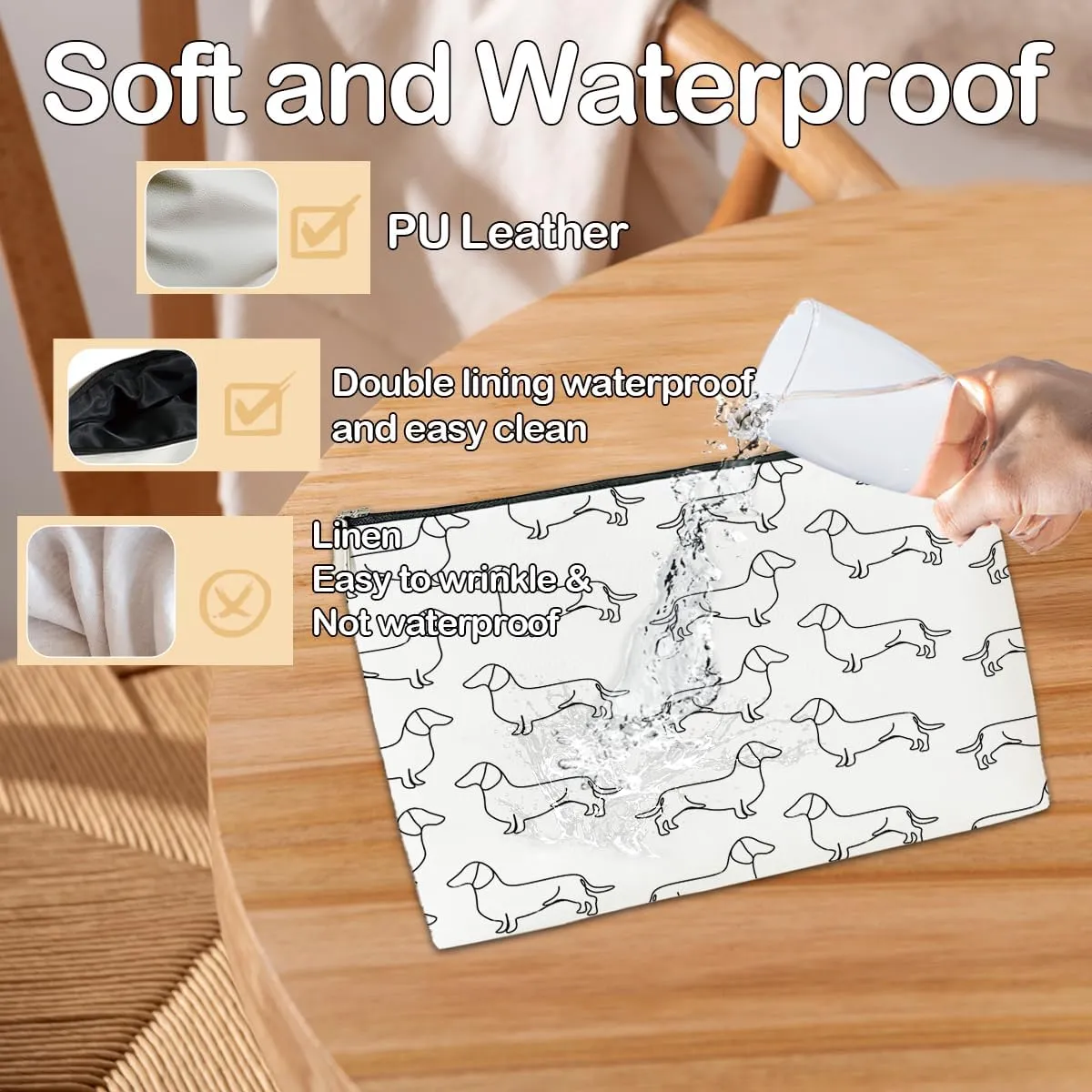 JioJio Chan Dachshund Gifts for Women Makeup Bag, Cute Dachshund Mom Gifts Line Art PU Leather Cosmetic Bag for Purse, Weiner Dog Makeup Pouch