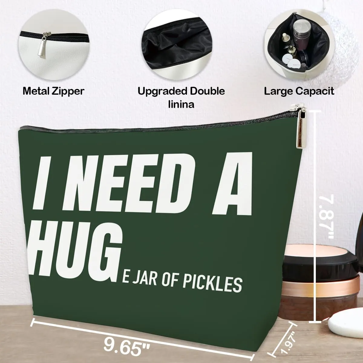 JioJio Chan Funny Pickle Gifts Makeup Bag for Women, I Need a Huge Jar of Pickles PU Leather Cosmetic Bag for Purse, Gifts for Lovers, Stuff & Makeup Pouch