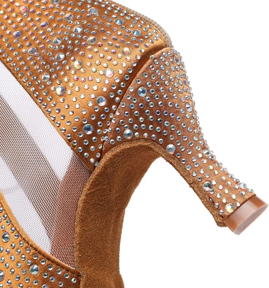 JUODVMP Dance Boots for Women Satin with Rhinestones Ankle Booties Ballroom Heels