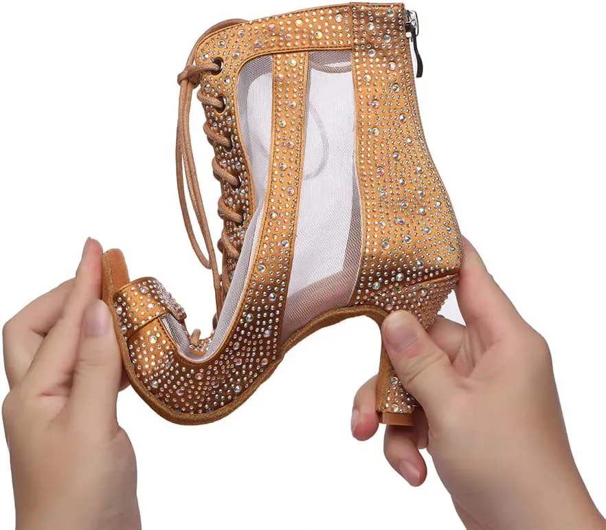 JUODVMP Dance Boots for Women Satin with Rhinestones Ankle Booties Ballroom Heels