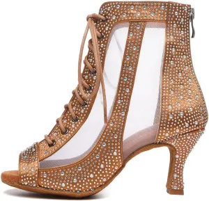 JUODVMP Dance Boots for Women Satin with Rhinestones Ankle Booties Ballroom Heels