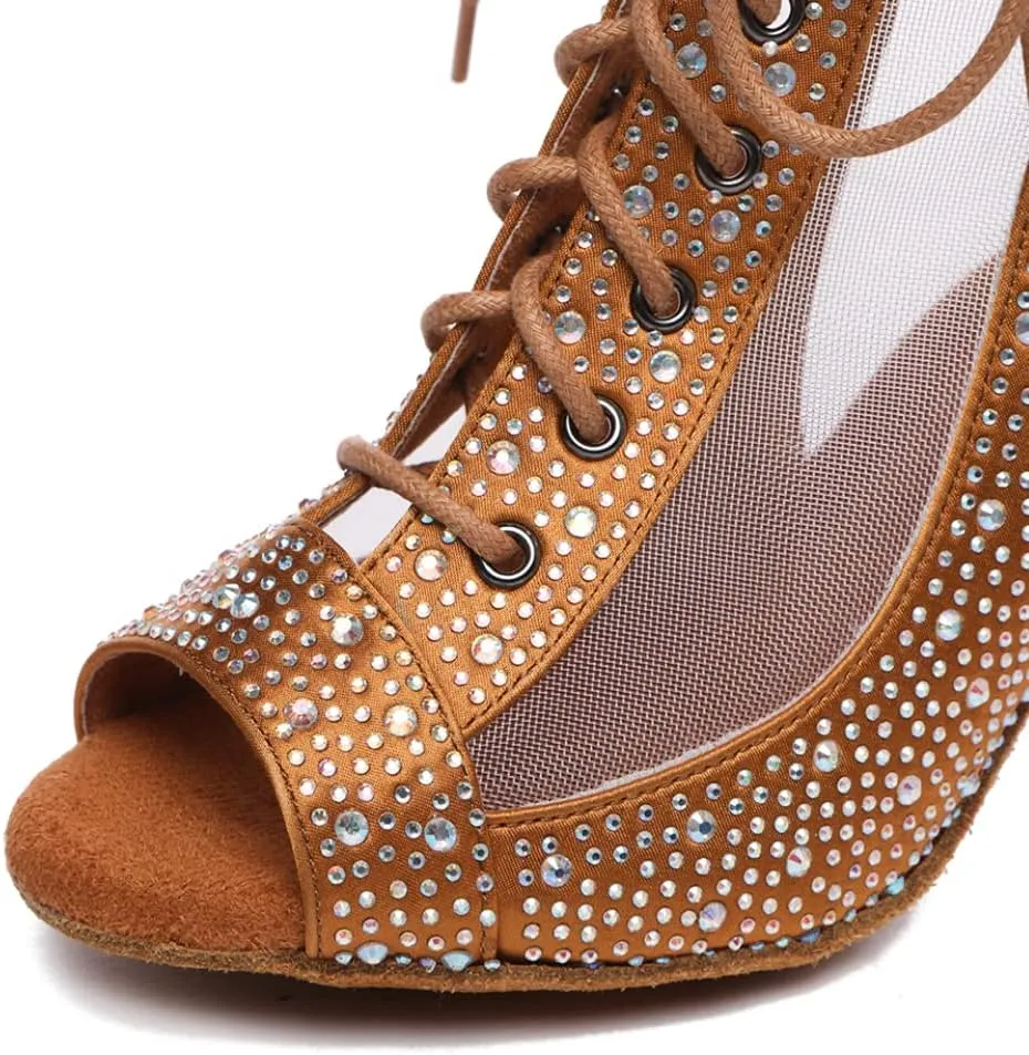 JUODVMP Dance Boots for Women Satin with Rhinestones Ankle Booties Ballroom Heels
