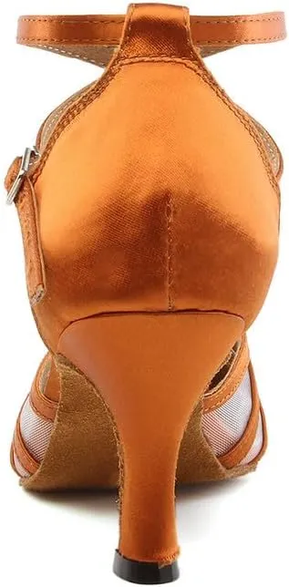JUODVMP Women's Closed Toe Dance Heels Brown Satin Latin Ballroom Dance Shoes for Wedding Party Model YCL189
