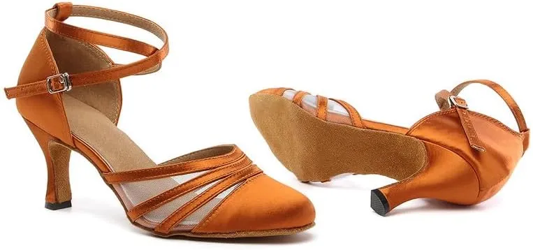 JUODVMP Women's Closed Toe Dance Heels Brown Satin Latin Ballroom Dance Shoes for Wedding Party Model YCL189