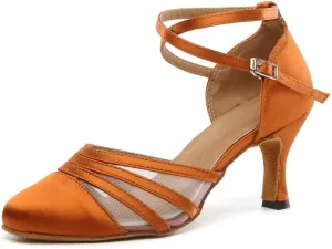 JUODVMP Women's Closed Toe Dance Heels Brown Satin Latin Ballroom Dance Shoes for Wedding Party Model YCL189