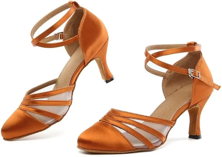 JUODVMP Women's Closed Toe Dance Heels Brown Satin Latin Ballroom Dance Shoes for Wedding Party Model YCL189
