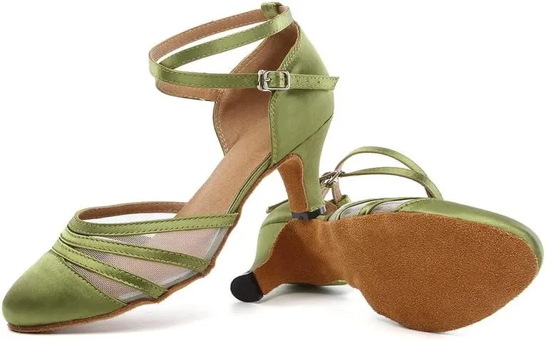 JUODVMP Women's Closed Toe Dance Heels Green Satin Latin Ballroom Dance Shoes for Wedding Party Model YCL189