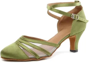 JUODVMP Women's Closed Toe Dance Heels Green Satin Latin Ballroom Dance Shoes for Wedding Party Model YCL189